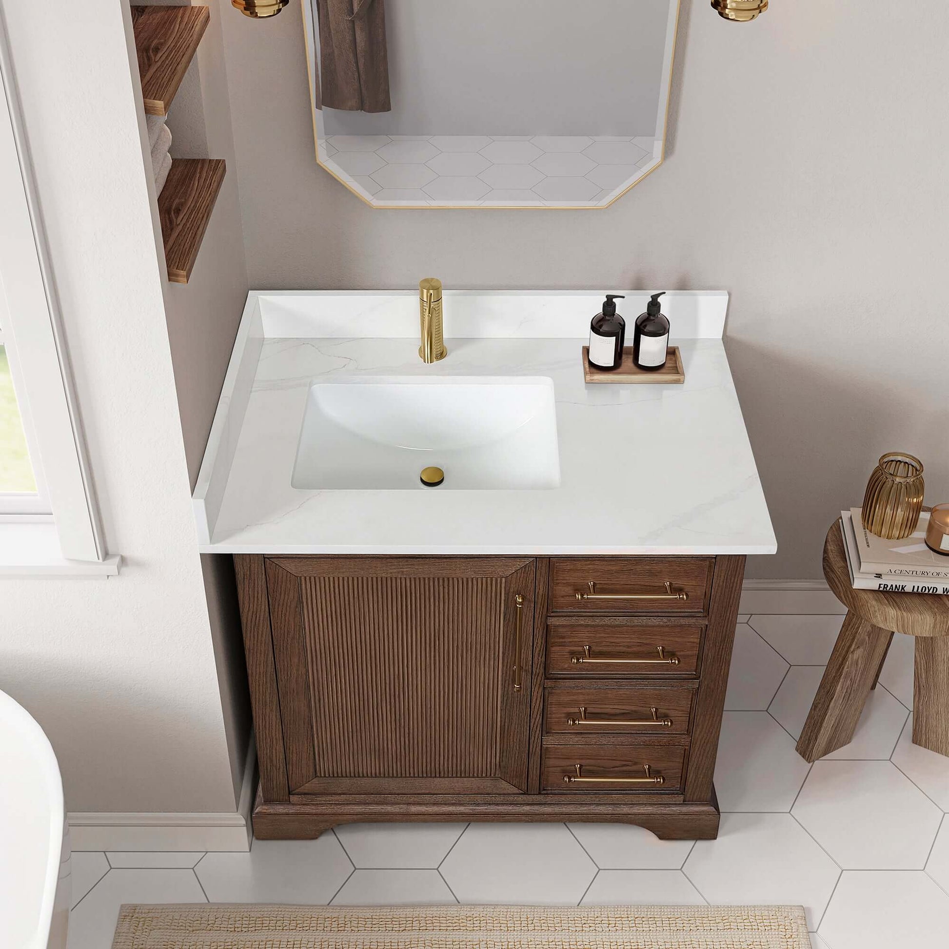 Vinnova, Tokyo 36" Freestanding Single Bath Vanity in Aged Dark Brown Oak with Silk White Quartz Stone Top - elegant bathroom centerpiece.