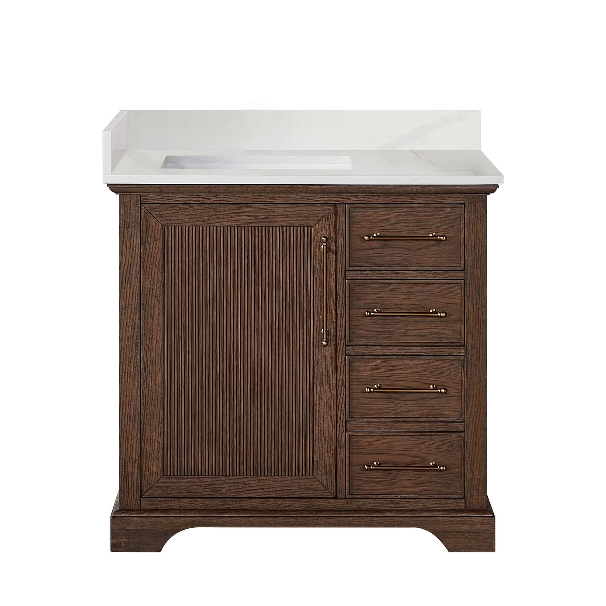 Vinnova, Tokyo 36" Freestanding Single Bath Vanity in Aged Dark Brown Oak with Silk White Quartz Stone Top, elegant bathroom vanity