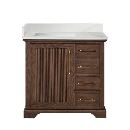 Vinnova, Tokyo 36" Freestanding Single Bath Vanity in Aged Dark Brown Oak with Silk White Quartz Stone Top, elegant bathroom vanity