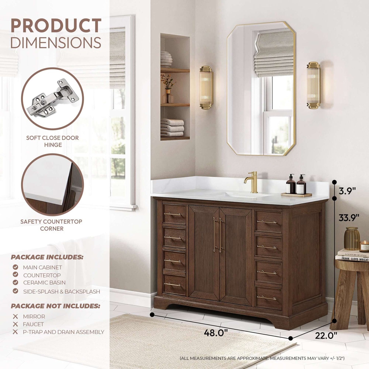 Vinnova, Tokyo 48" Freestanding Single Bath Vanity in Aged Dark Brown Oak with Silk White Quartz Stone Top displayed in a bathroom.
