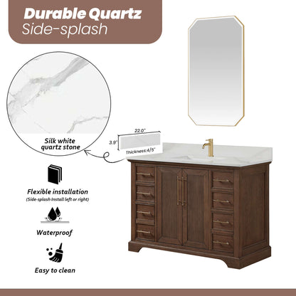 Vinnova, Tokyo 48" Freestanding Single Bath Vanity in Aged Dark Brown Oak with Silk White Quartz Stone Top, bathroom vanity display