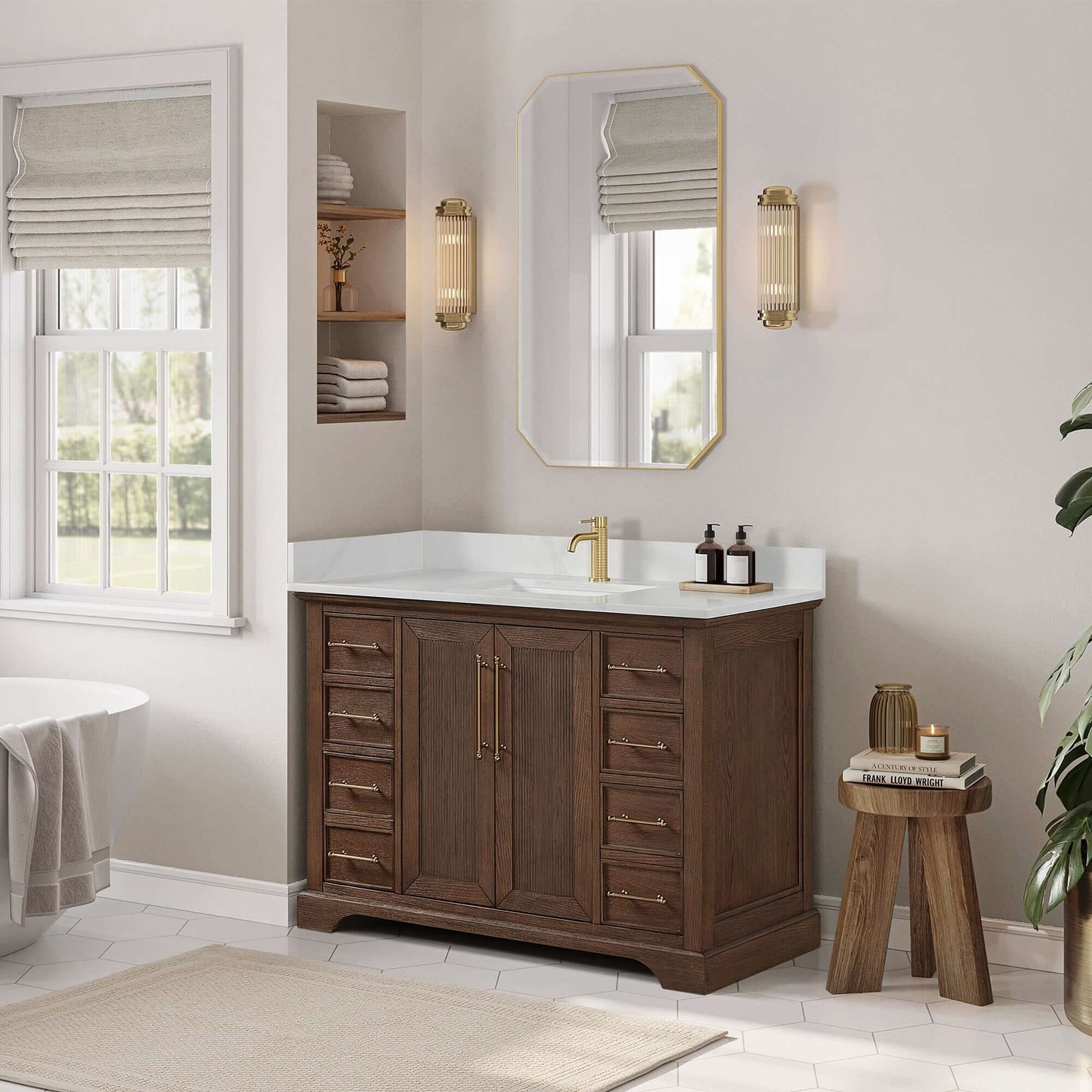 Vinnova, Tokyo 48" Freestanding Single Bath Vanity in Aged Dark Brown Oak with Silk White Quartz Stone Top in elegant bathroom setting.