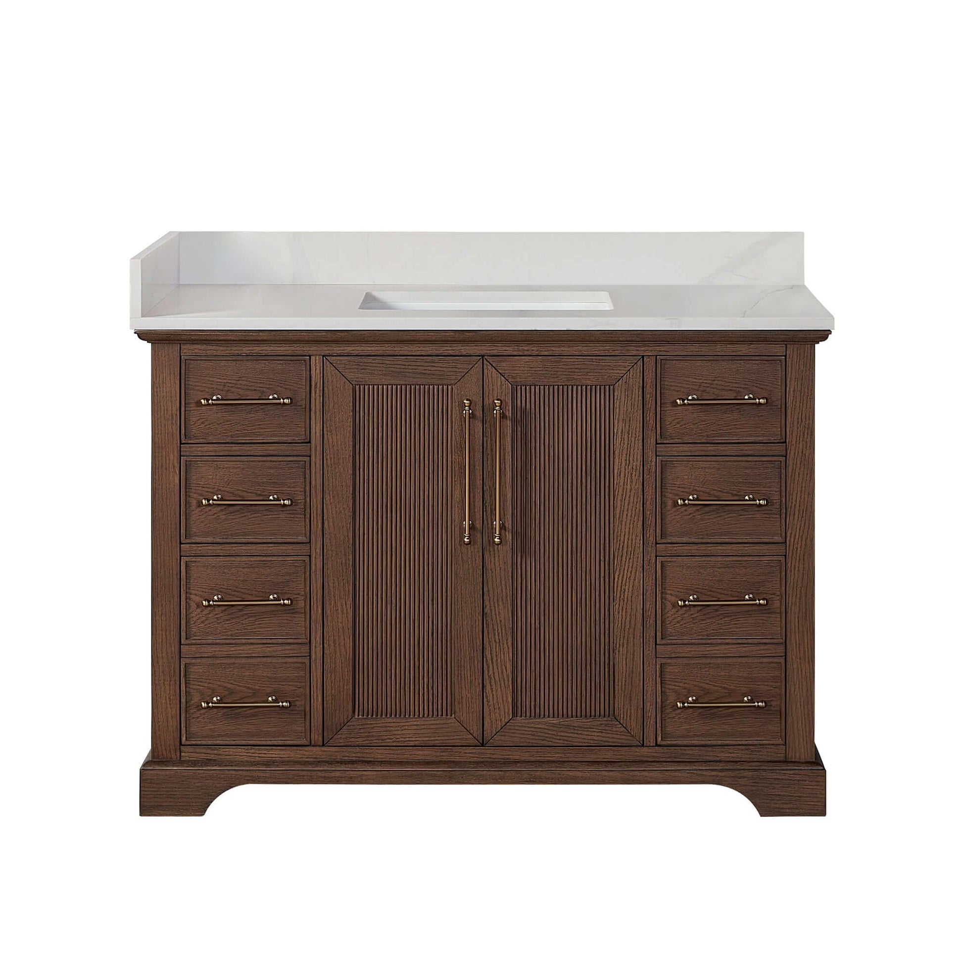 Vinnova, Tokyo 48" Freestanding Single Bath Vanity in Aged Dark Brown Oak with Silk White Quartz Stone Top, elegant bathroom vanity.