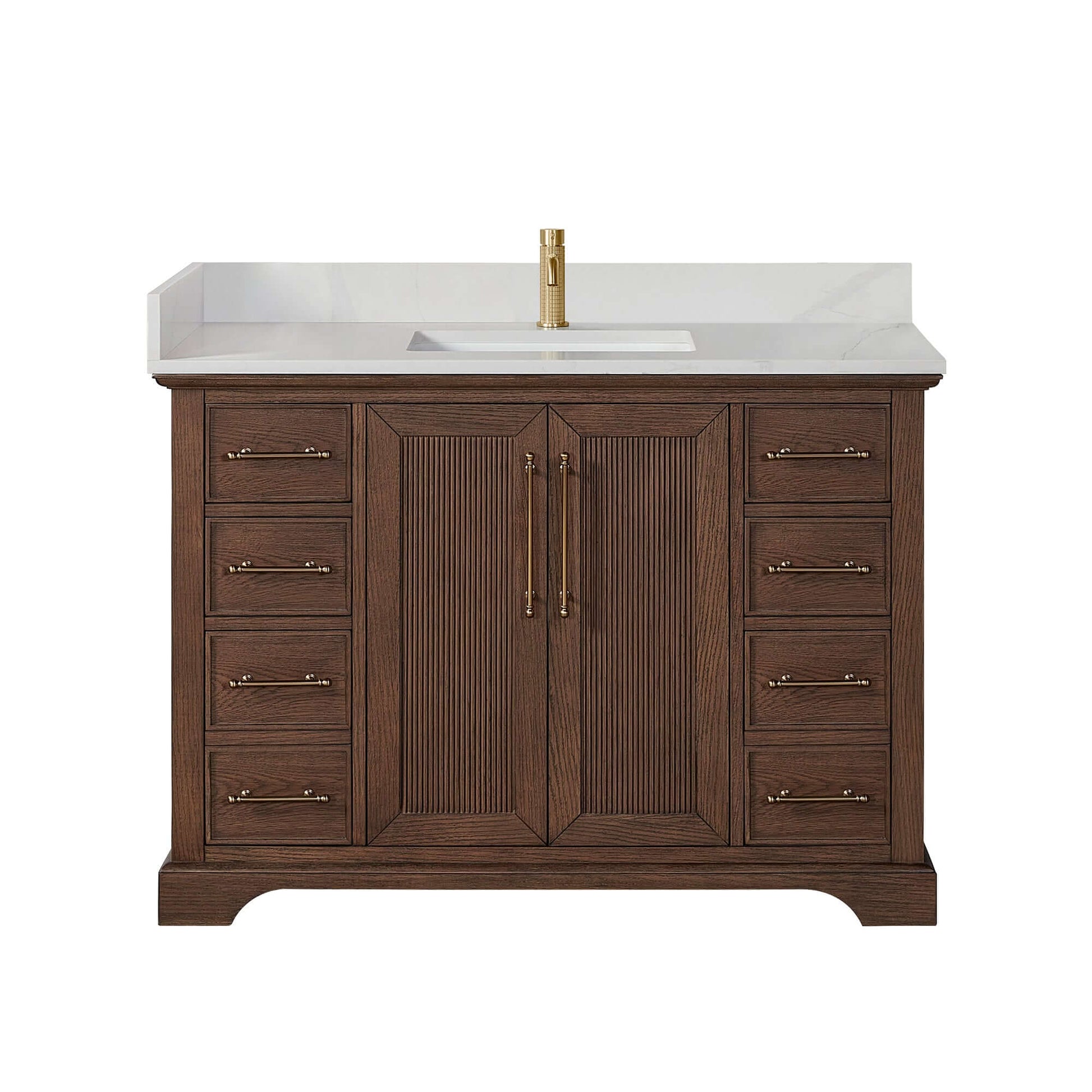 Vinnova, Tokyo 48" Freestanding Single Bath Vanity in Aged Dark Brown Oak with Silk White Quartz Stone Top, bathroom vanity
