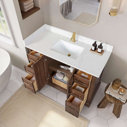Vinnova, Tokyo 48" Freestanding Single Bath Vanity in Aged Dark Brown Oak with Silk White Quartz Stone Top bathroom vanity