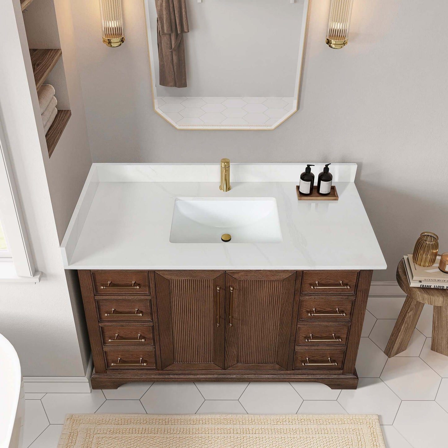 Vinnova, Tokyo 48" Freestanding Single Bath Vanity in Aged Dark Brown Oak with Silk White Quartz Stone Top, elegant bathroom vanity