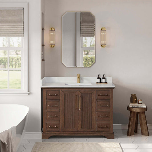 Vinnova, Tokyo 48" Freestanding Single Bath Vanity in Aged Dark Brown Oak with Silk White Quartz Stone Top in bathroom setting