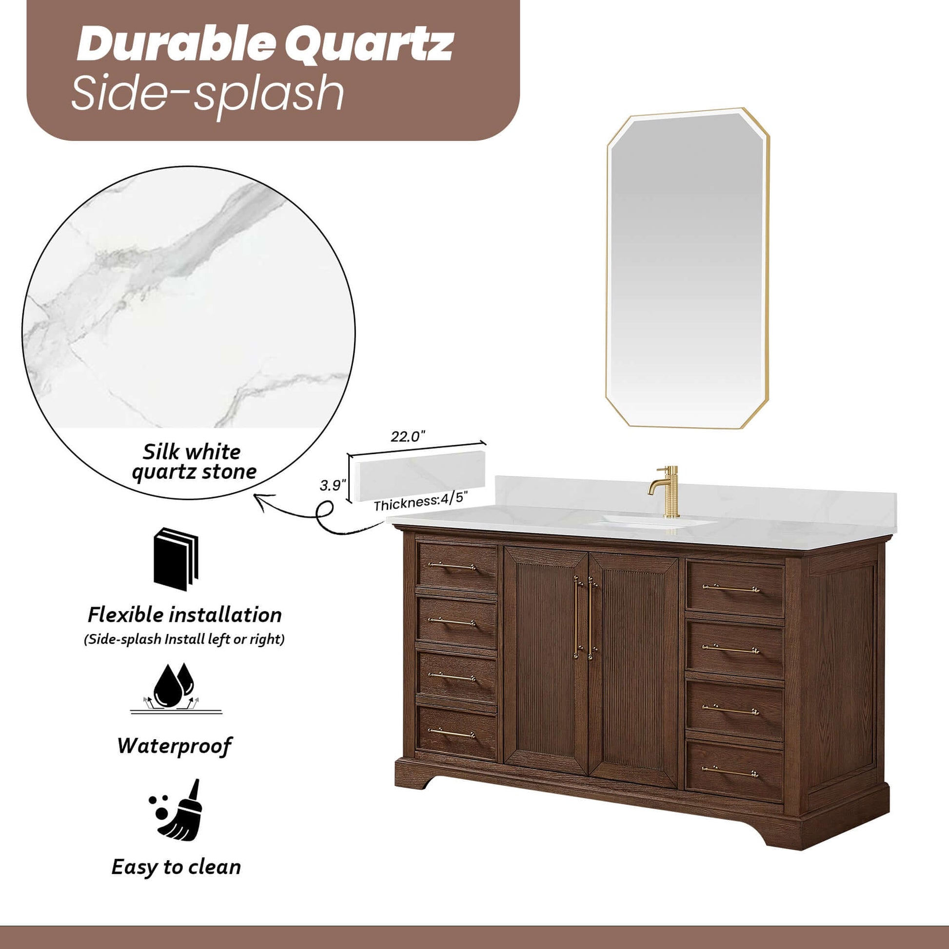 Vinnova, Tokyo 60" Freestanding Single Bath Vanity in Aged Dark Brown Oak with Silk White Quartz Stone Top; waterproof and easy to clean.
