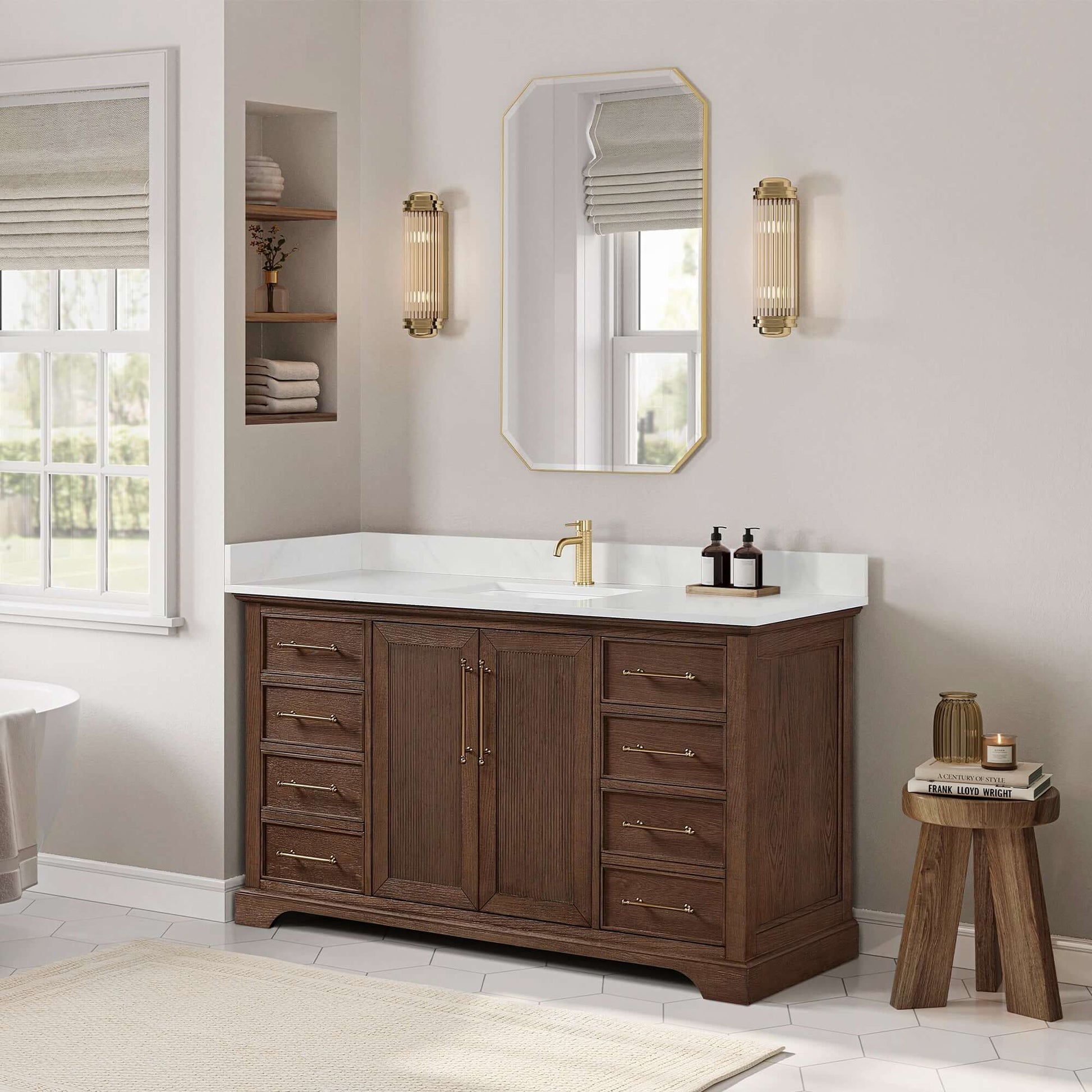 Vinnova, Tokyo 60" Freestanding Single Bath Vanity in Aged Dark Brown Oak with Silk White Quartz Stone Top in elegant bathroom setting