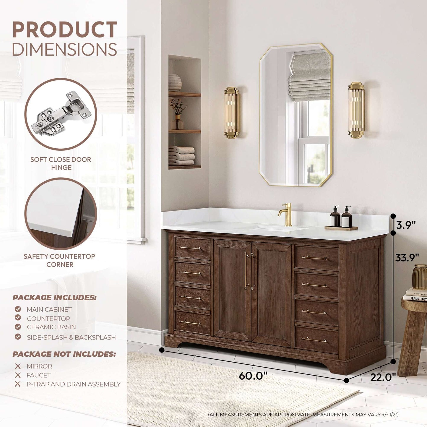 Vinnova, Tokyo 60" Freestanding Single Bath Vanity in Aged Dark Brown Oak with Silk White Quartz Stone Top in modern bathroom.