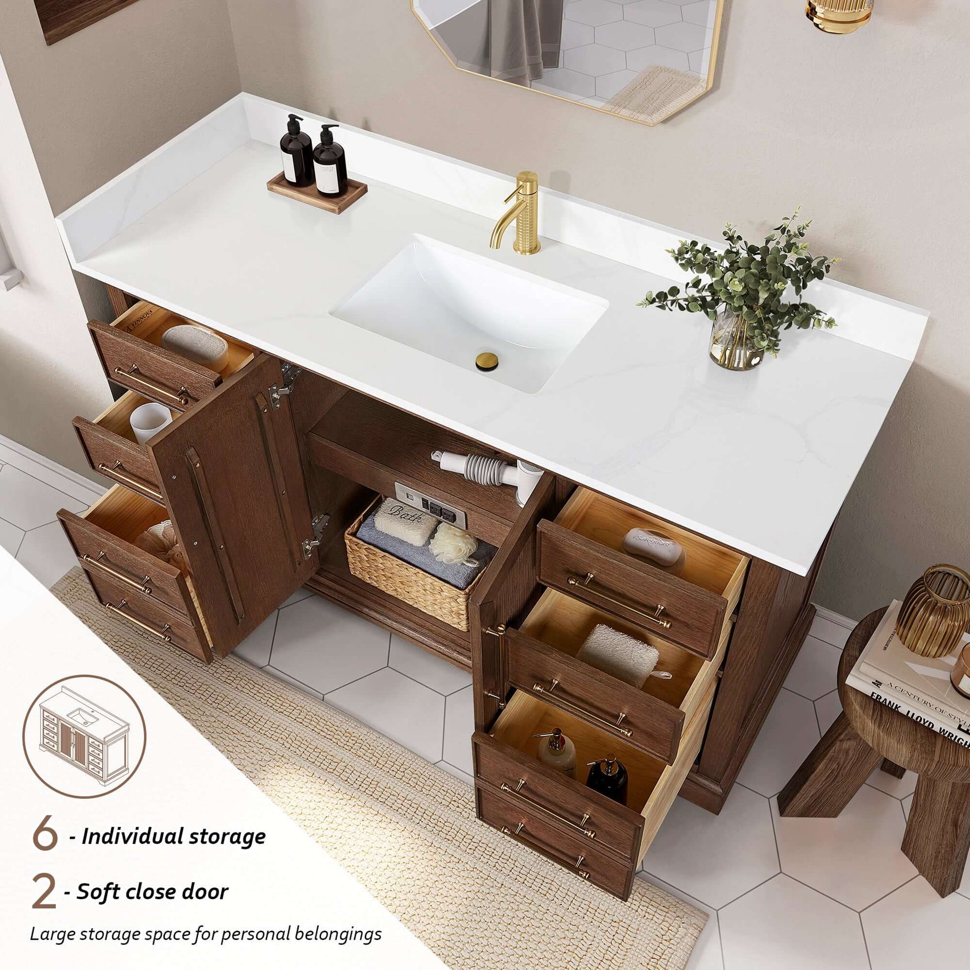 Vinnova, Tokyo 60" Freestanding Single Bath Vanity in Aged Dark Brown Oak with Silk White Quartz Stone Top featuring storage drawers