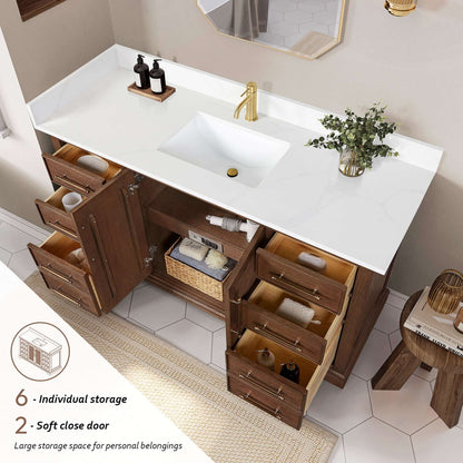 Vinnova, Tokyo 60" Freestanding Single Bath Vanity in Aged Dark Brown Oak with Silk White Quartz Stone Top featuring storage drawers