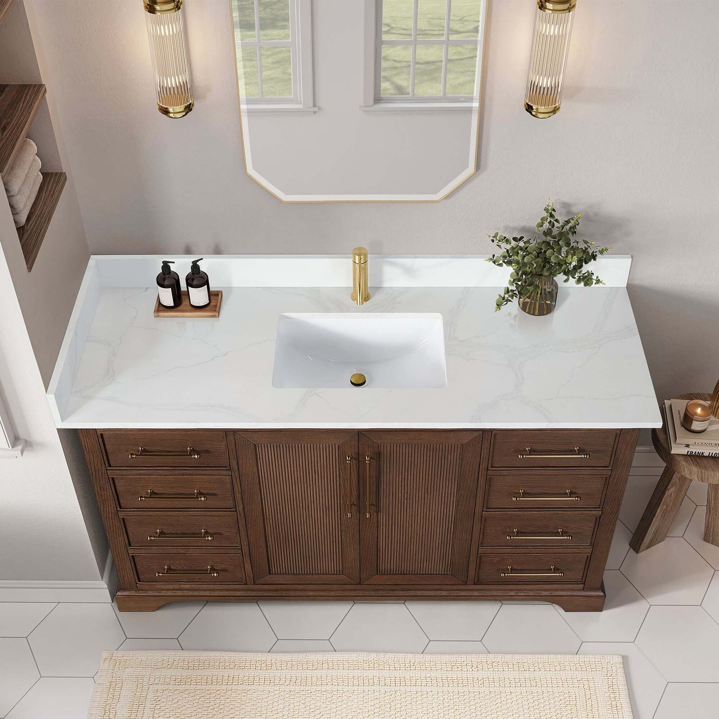 Vinnova, Tokyo 60" Freestanding Single Bath Vanity in Aged Dark Brown Oak with Silk White Quartz Stone Top in a modern bathroom setting.
