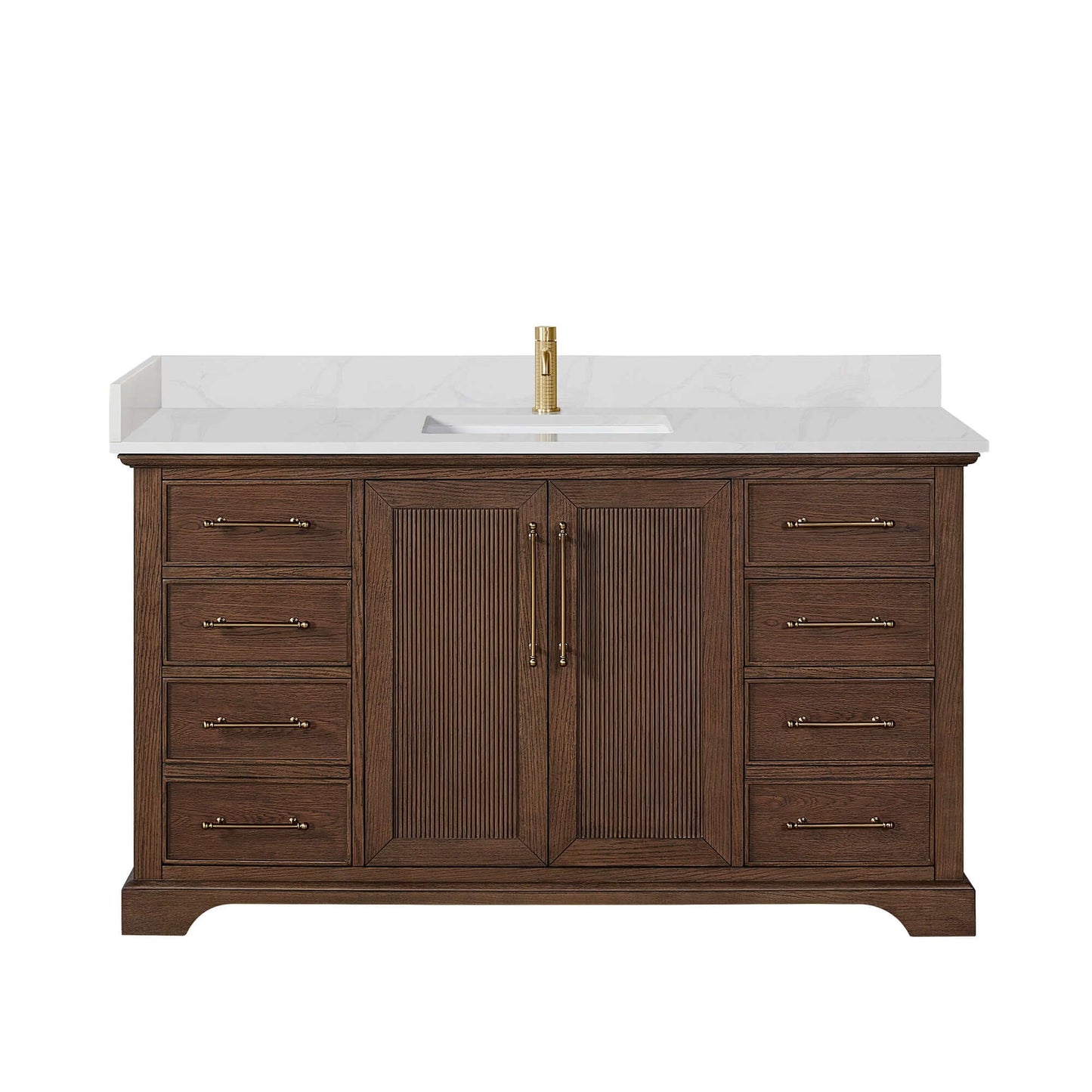 Vinnova, Tokyo 60" Freestanding Single Bath Vanity in Aged Dark Brown Oak with Silk White Quartz Stone Top, bathroom vanity