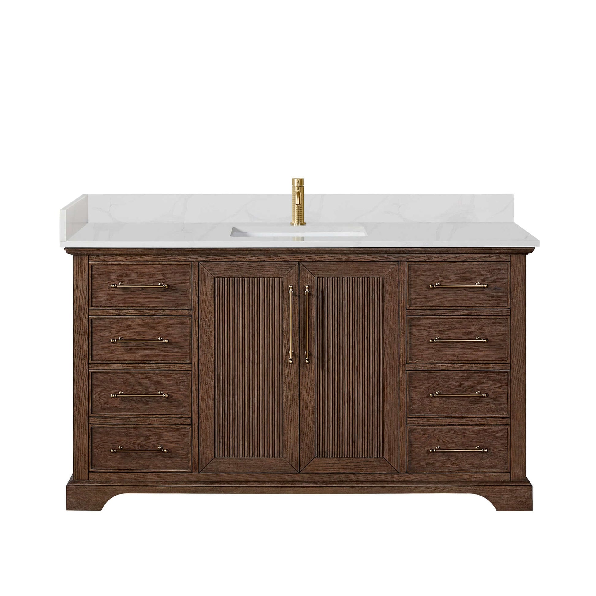 Vinnova, Tokyo 60" Freestanding Single Bath Vanity in Aged Dark Brown Oak with Silk White Quartz Stone Top, bathroom vanity