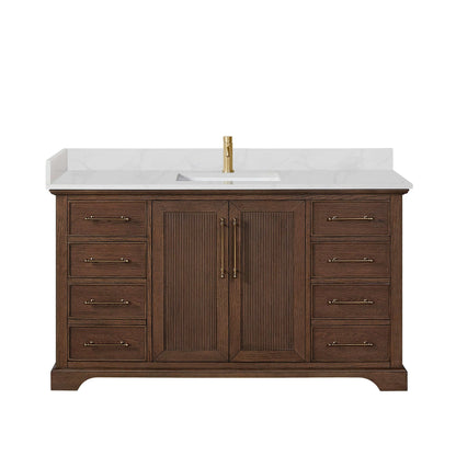 Vinnova, Tokyo 60" Freestanding Single Bath Vanity in Aged Dark Brown Oak with Silk White Quartz Stone Top, bathroom vanity