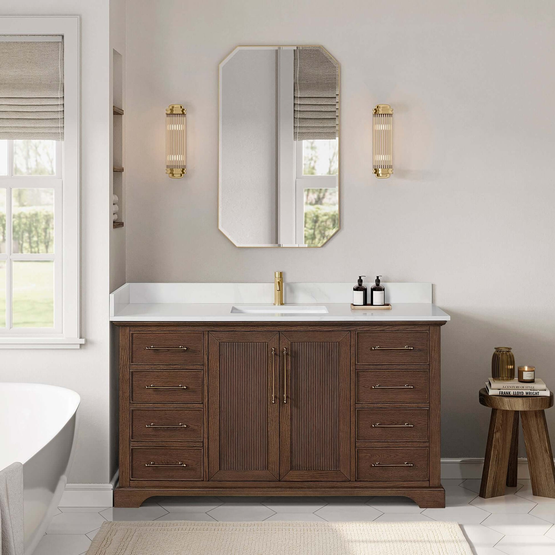 Vinnova, Tokyo 60" Freestanding Single Bath Vanity in Aged Dark Brown Oak with Silk White Quartz Stone Top displayed in a modern bathroom