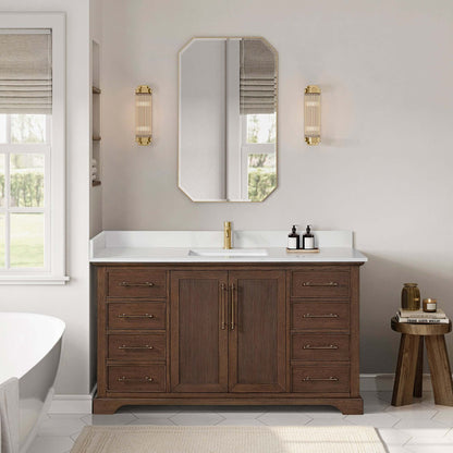 Vinnova, Tokyo 60" Freestanding Single Bath Vanity in Aged Dark Brown Oak with Silk White Quartz Stone Top displayed in a modern bathroom