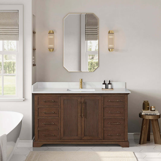 Vinnova, Tokyo 60" Freestanding Single Bath Vanity in Aged Dark Brown Oak with Silk White Quartz Stone Top displayed in a modern bathroom