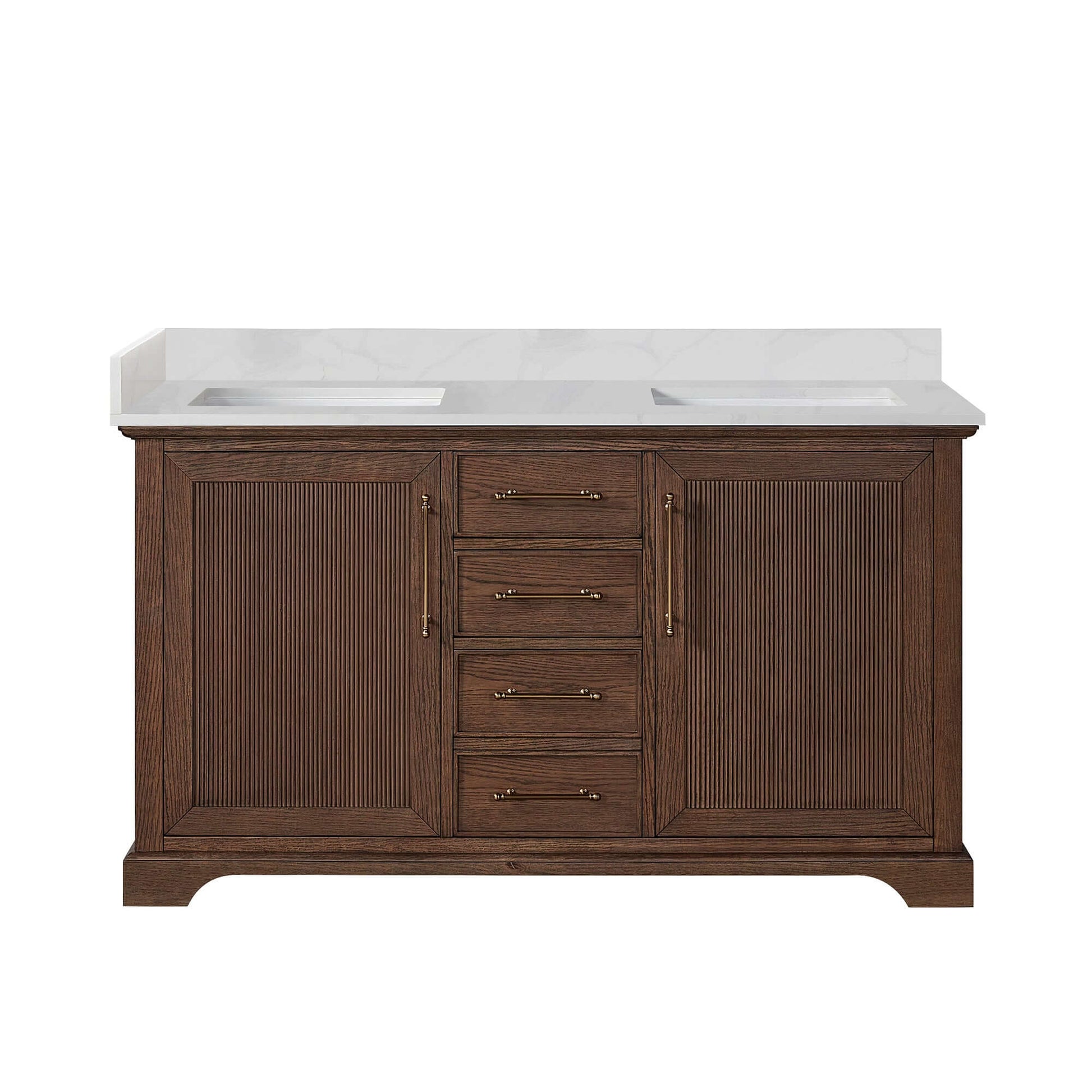 Vinnova, Tokyo 60M" Freestanding Double Bath Vanity in Aged Dark Brown Oak with Silk White Quartz Stone Top, luxury bathroom vanity