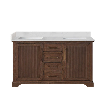 Vinnova, Tokyo 60M" Freestanding Double Bath Vanity in Aged Dark Brown Oak with Silk White Quartz Stone Top, luxury bathroom vanity