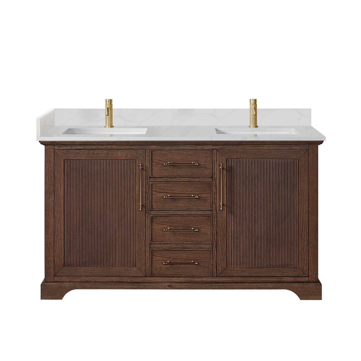 Vinnova, Tokyo 60M" Freestanding Double Bath Vanity in Aged Dark Brown Oak with Silk White Quartz Stone Top, bathroom vanity