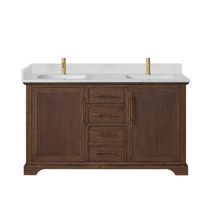 Vinnova, Tokyo 60M" Freestanding Double Bath Vanity in Aged Dark Brown Oak with Silk White Quartz Stone Top, bathroom vanity