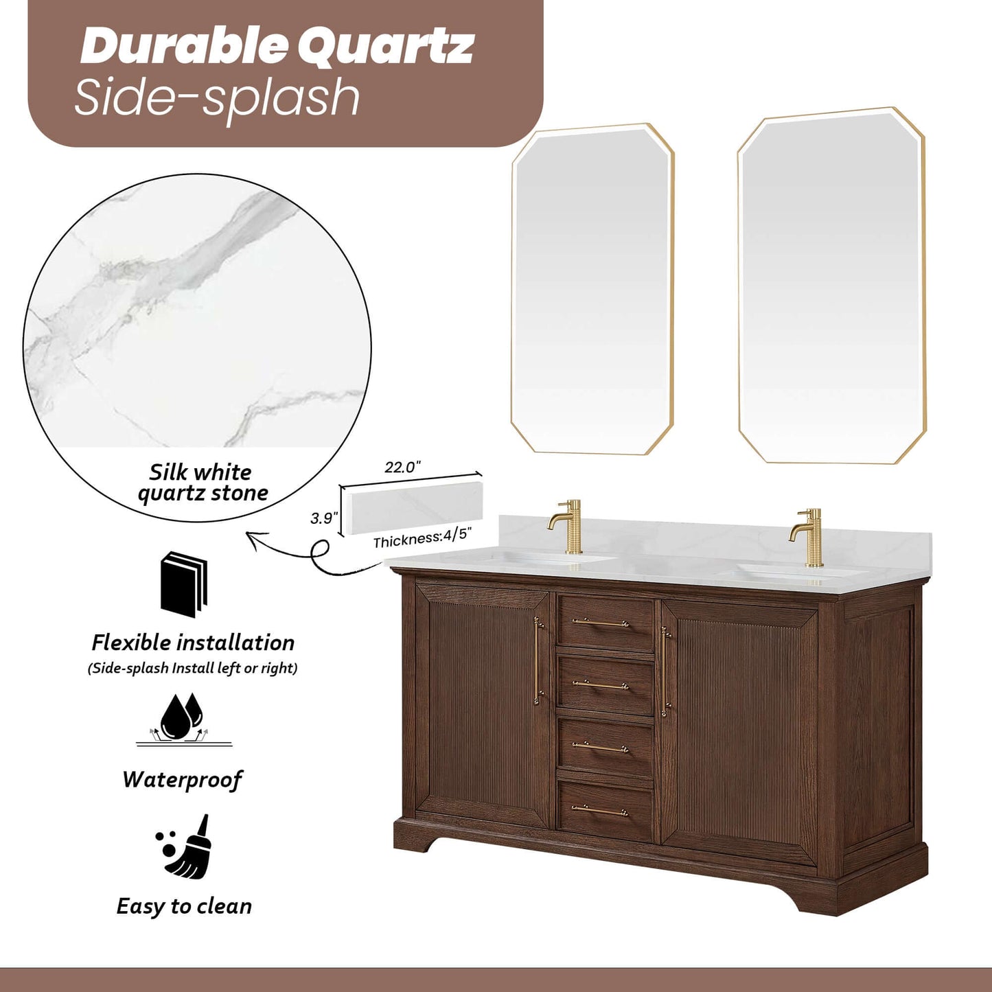 Vinnova, Tokyo 60M" Freestanding Double Bath Vanity in Aged Dark Brown Oak with Silk White Quartz Stone Top, perfect bathroom vanity