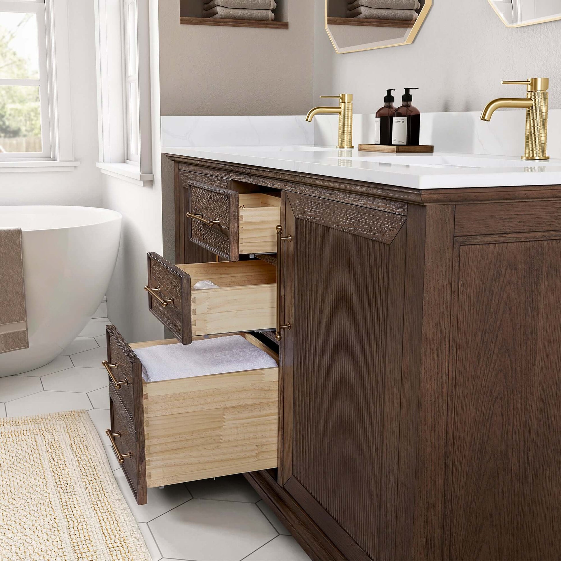Vinnova, Tokyo 60M" Freestanding Double Bath Vanity in Aged Dark Brown Oak with Silk White Quartz Stone Top, open drawers view