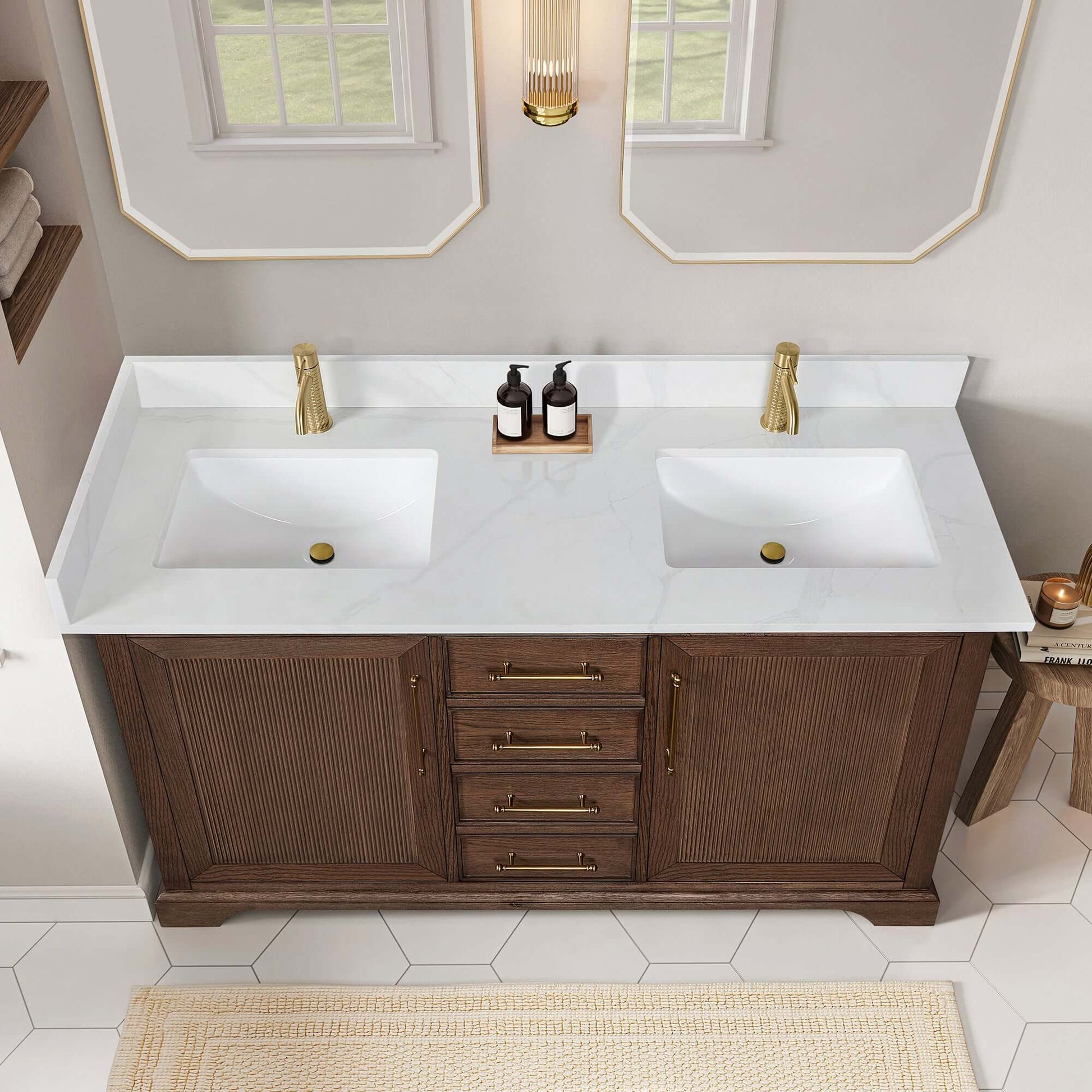 Vinnova, Tokyo 60M Freestanding Double Bath Vanity in Aged Dark Brown Oak with Silk White Quartz Stone Top - bathroom vanity