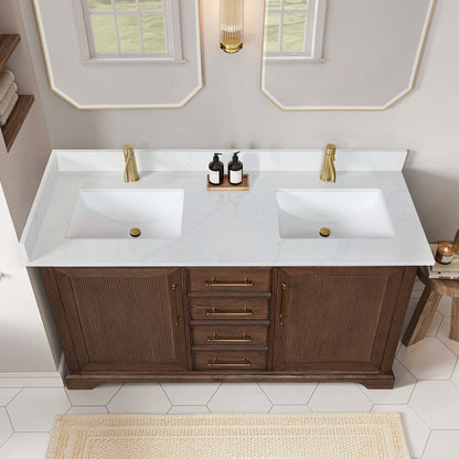 Vinnova, Tokyo 60M Freestanding Double Bath Vanity in Aged Dark Brown Oak with Silk White Quartz Stone Top - bathroom vanity
