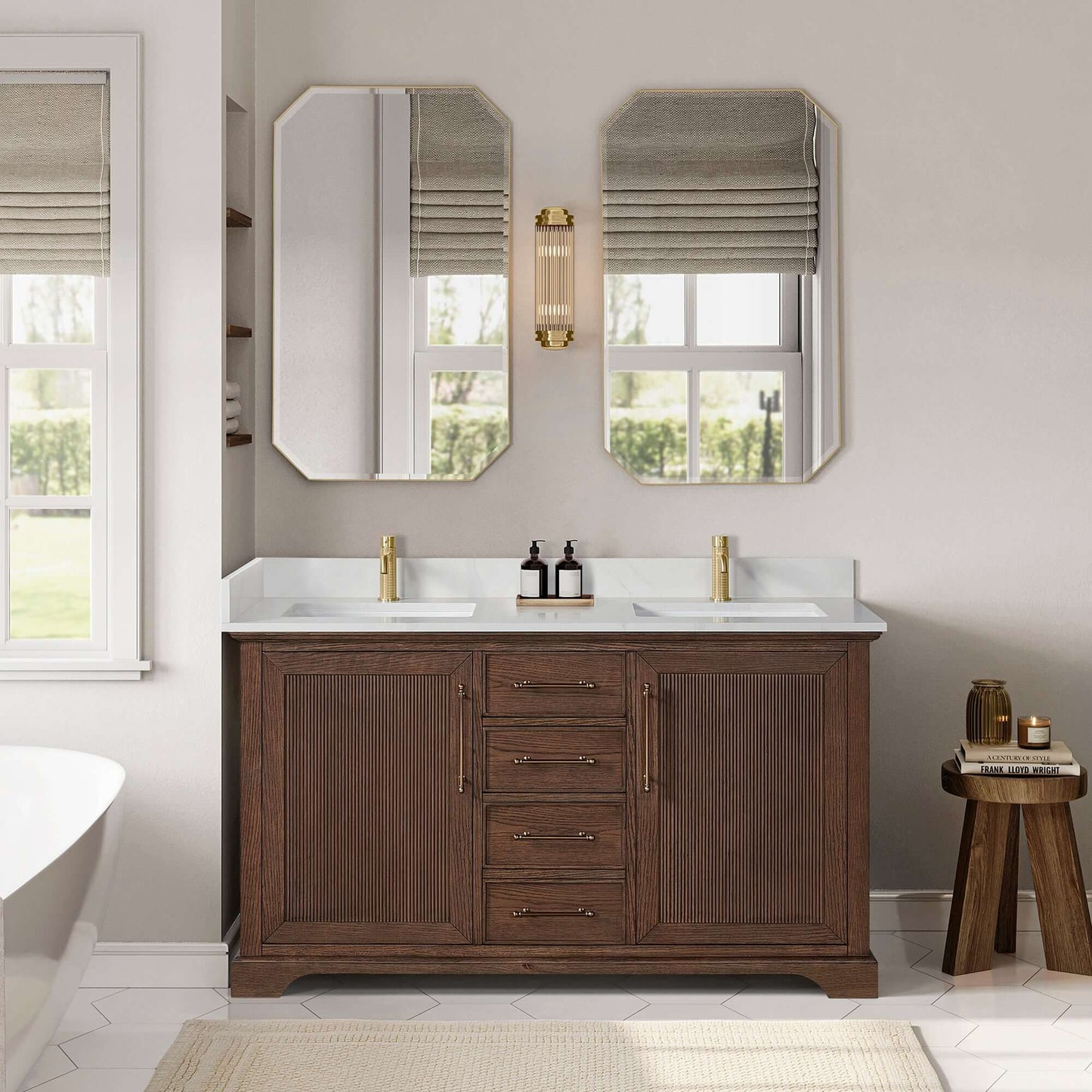 Vinnova, Tokyo 60M" Freestanding Double Bath Vanity in Aged Dark Brown Oak with Silk White Quartz Stone Top in bathroom setting