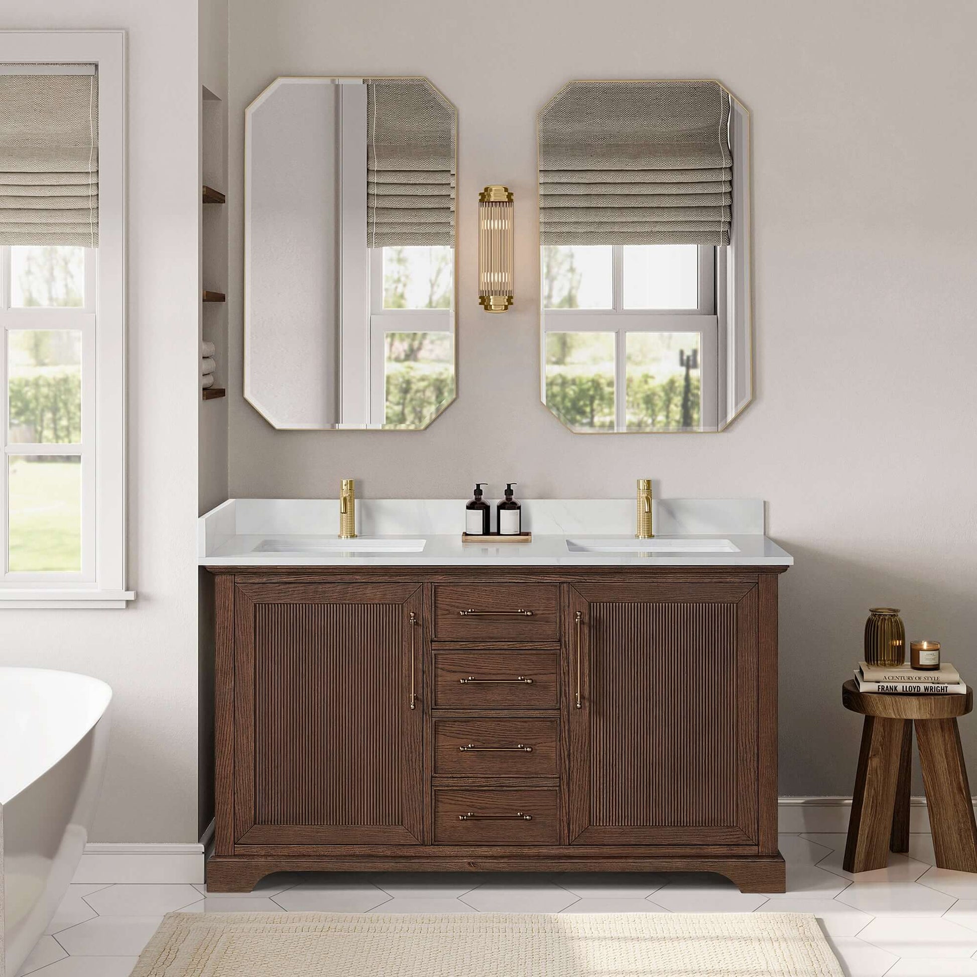 Vinnova, Tokyo 60M" Freestanding Double Bath Vanity in Aged Dark Brown Oak with Silk White Quartz Stone Top in bathroom setting