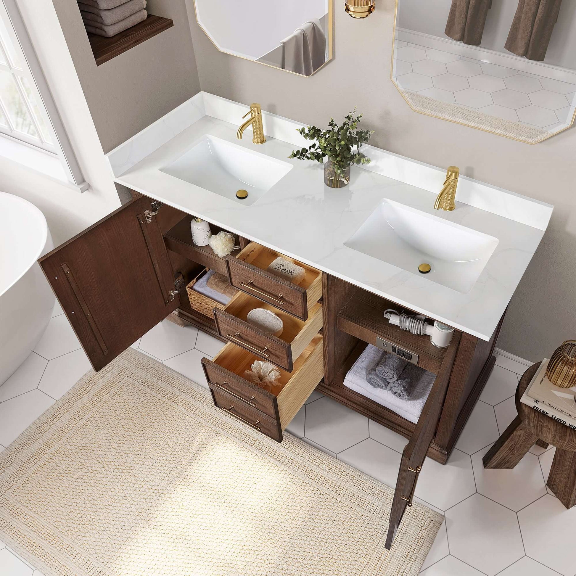 Vinnova, Tokyo 60M" Freestanding Double Bath Vanity in Aged Dark Brown Oak with Silk White Quartz Stone Top in elegant bathroom setting