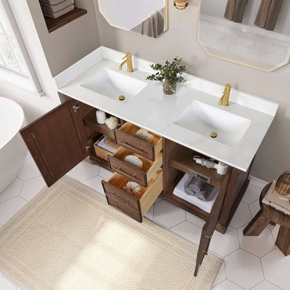 Vinnova, Tokyo 60M" Freestanding Double Bath Vanity in Aged Dark Brown Oak with Silk White Quartz Stone Top in elegant bathroom setting