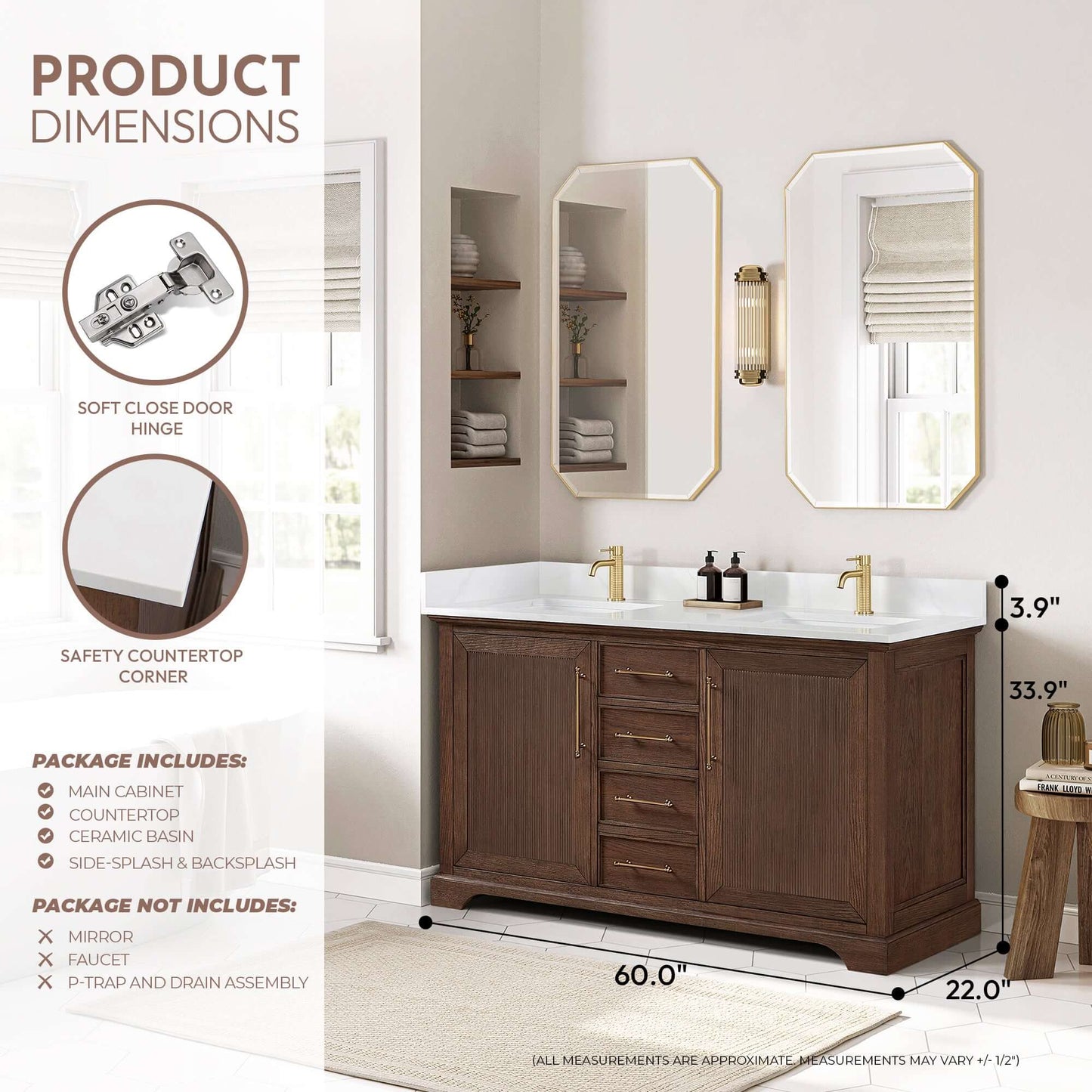 Vinnova, Tokyo 60M" Freestanding Double Bath Vanity in Aged Dark Brown Oak with Silk White Quartz Stone Top in bathroom setting