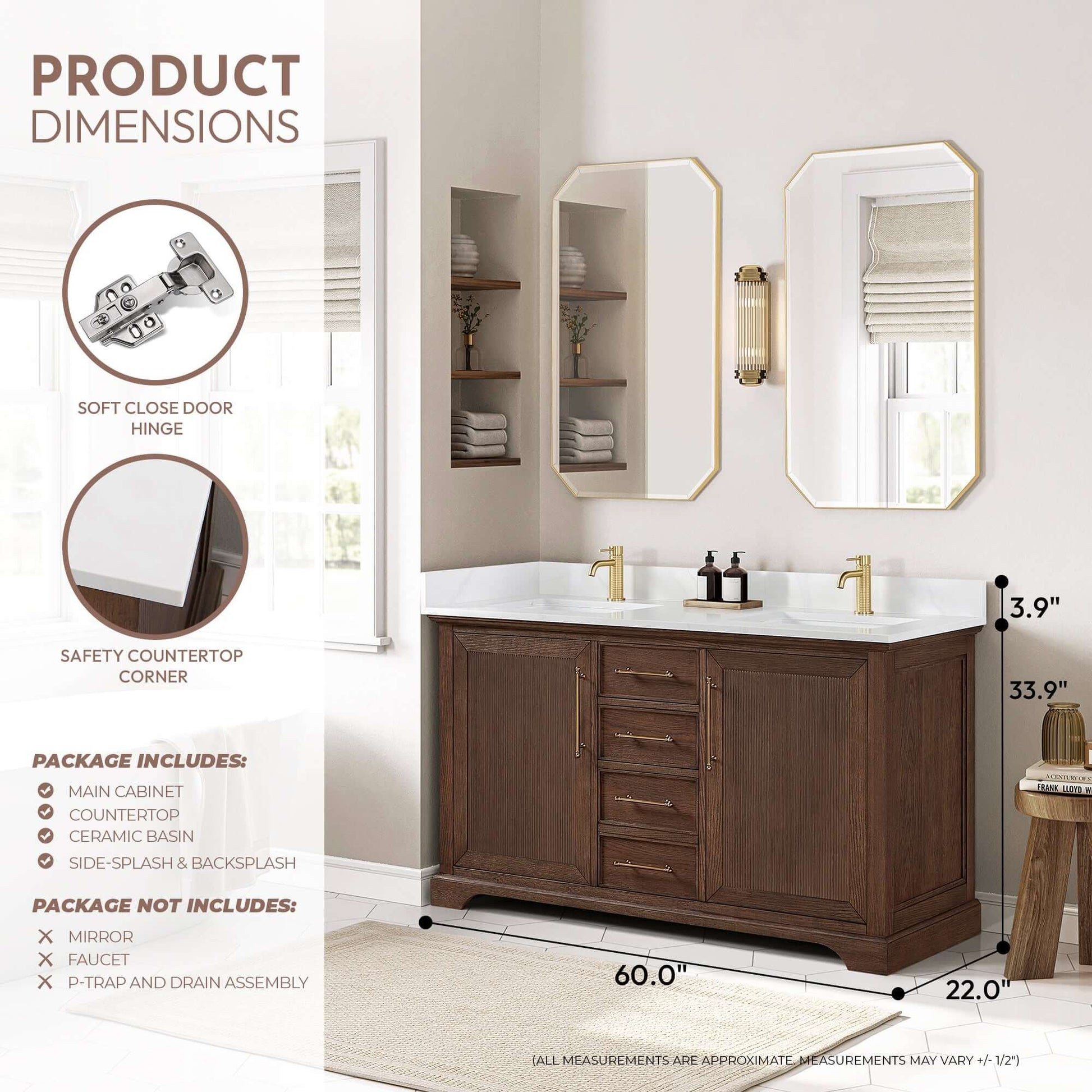 Vinnova, Tokyo 60M" Freestanding Double Bath Vanity in Aged Dark Brown Oak with Silk White Quartz Stone Top in bathroom setting