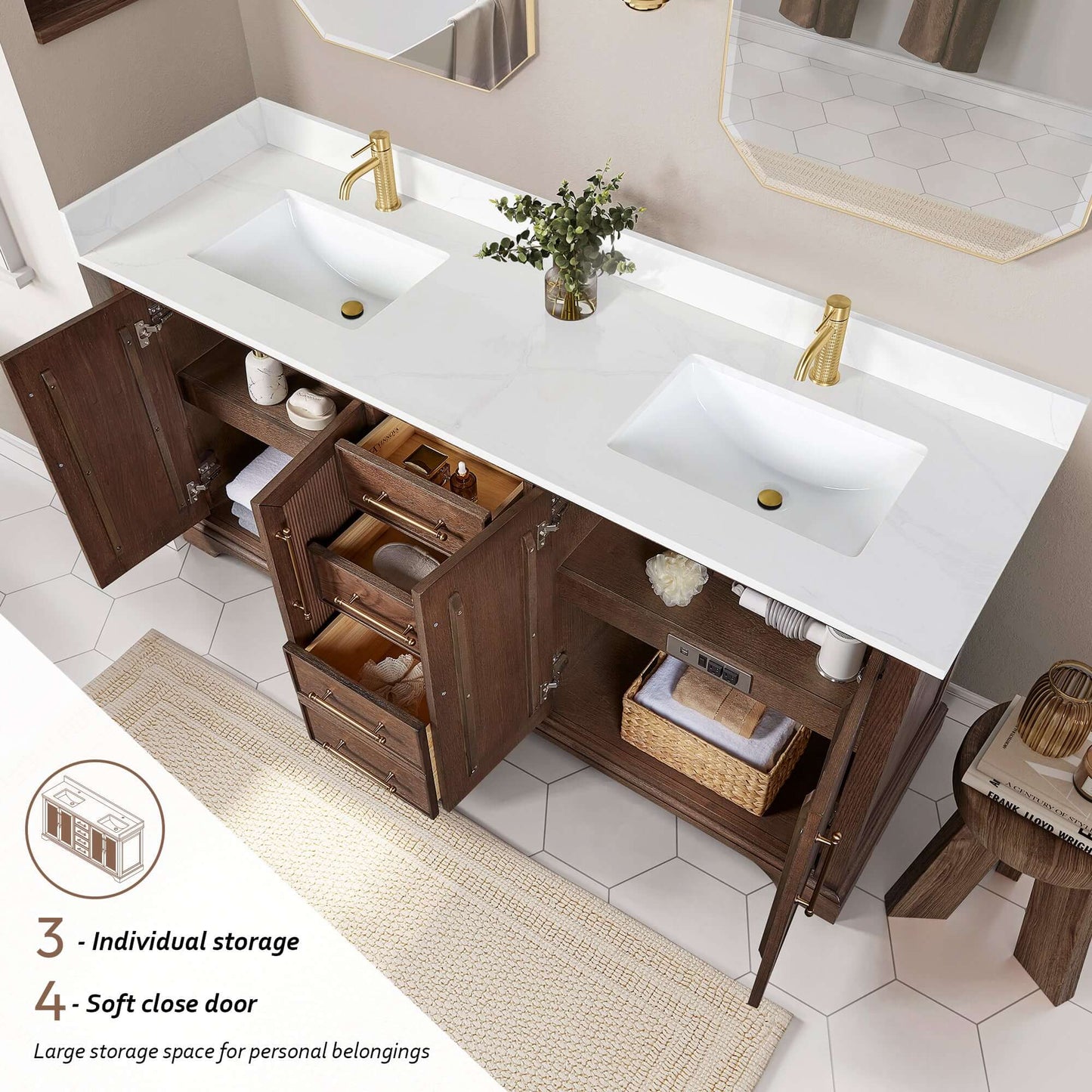 Vinnova, Tokyo 72" Freestanding Double Bath Vanity in Aged Dark Brown Oak with Silk White Quartz Stone Top, luxury bathroom vanity