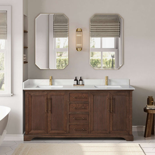 Vinnova, Tokyo 72" Freestanding Double Bath Vanity in Aged Dark Brown Oak with Silk White Quartz Stone Top