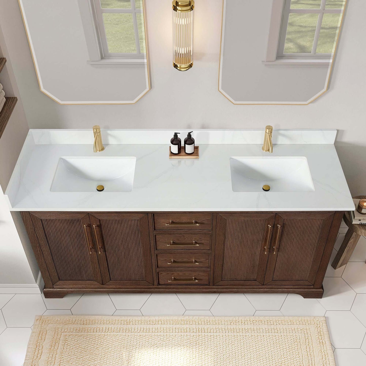 Vinnova, Tokyo 72" Freestanding Double Bath Vanity in Aged Dark Brown Oak with Silk White Quartz Stone Top in a bathroom setting.