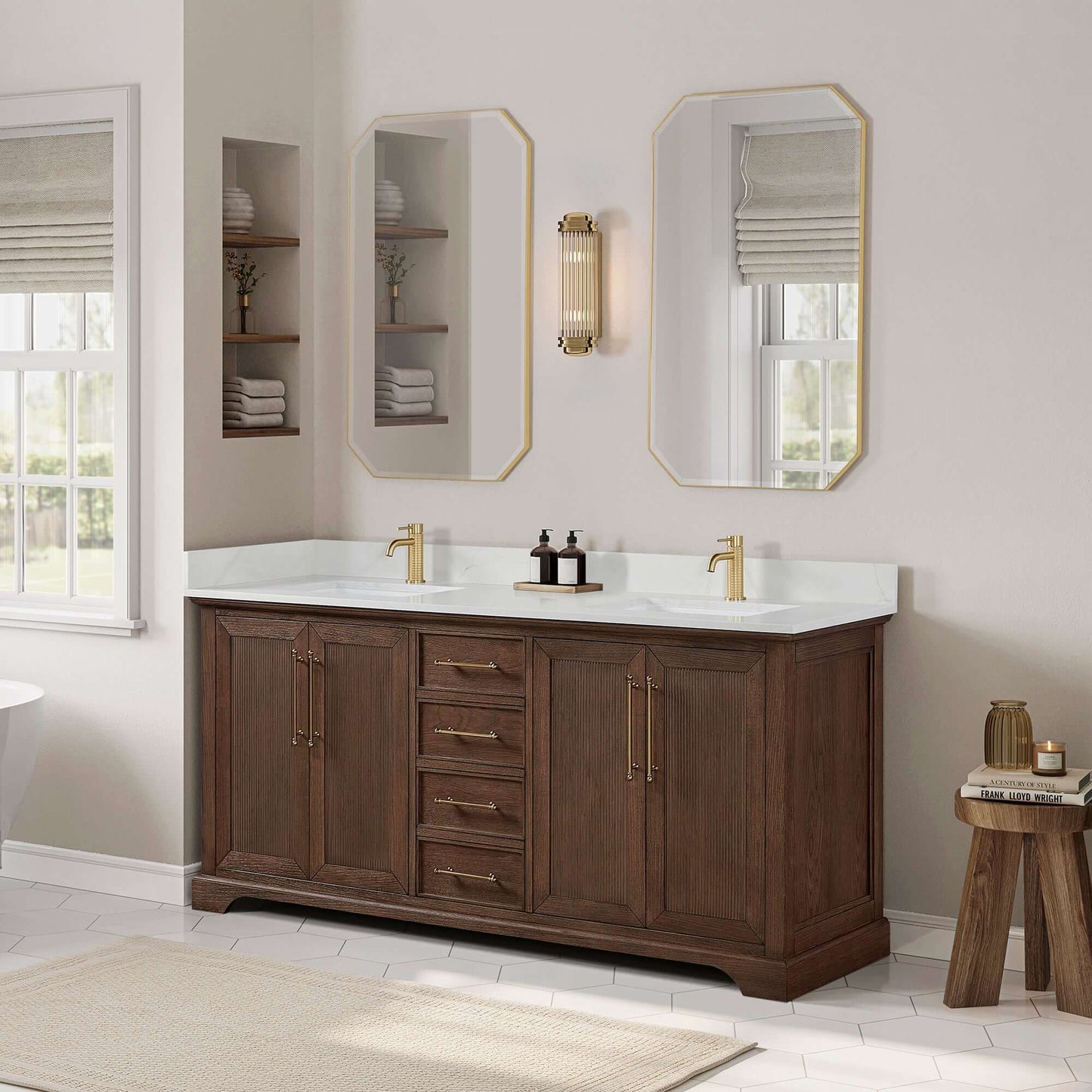 Vinnova, Tokyo 72" Freestanding Double Bath Vanity in Aged Dark Brown Oak with Silk White Quartz Stone Top in bathroom setting