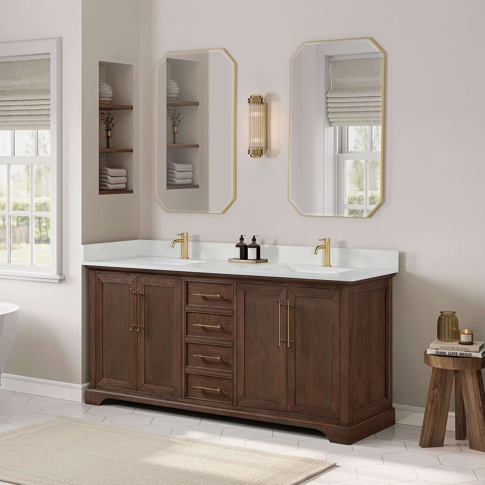 Vinnova, Tokyo 72" Freestanding Double Bath Vanity in Aged Dark Brown Oak with Silk White Quartz Stone Top in bathroom setting