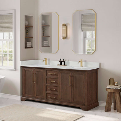 Vinnova, Tokyo 72" Freestanding Double Bath Vanity in Aged Dark Brown Oak with Silk White Quartz Stone Top in bathroom setting