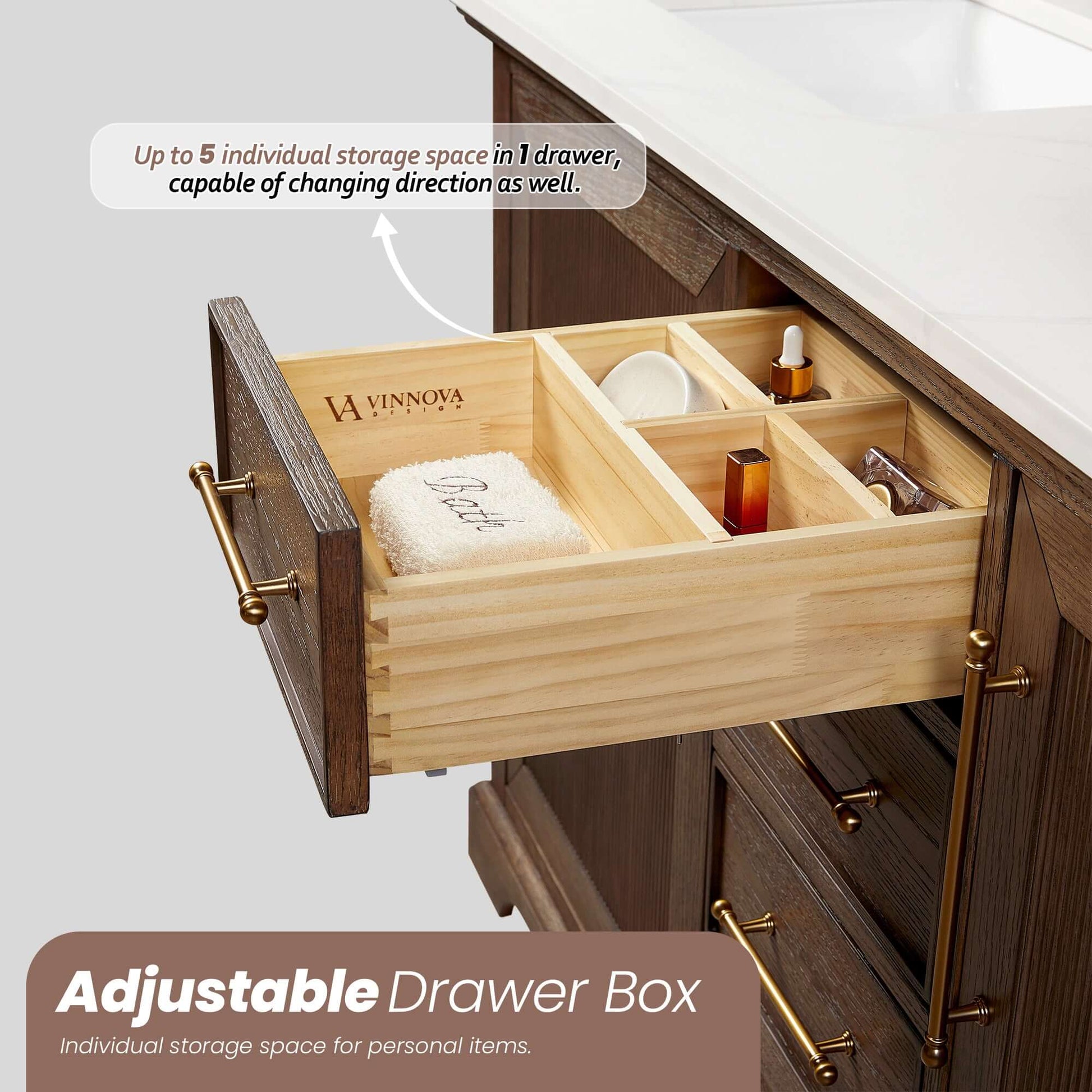 Adjustable drawer box of Vinnova, Tokyo 84" Freestanding Double Bath Vanity in Aged Dark Brown Oak with Silk White Quartz Stone Top featuring individual storage compartments.