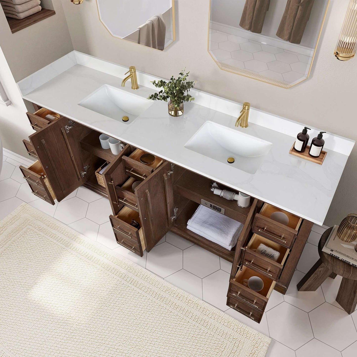 Vinnova, Tokyo 84" Freestanding Double Bath Vanity in Aged Dark Brown Oak with Silk White Quartz Stone Top, luxury bathroom vanity