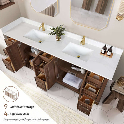 Vinnova, Tokyo 84" Freestanding Double Bath Vanity in Aged Dark Brown Oak with Silk White Quartz Stone Top showing storage features