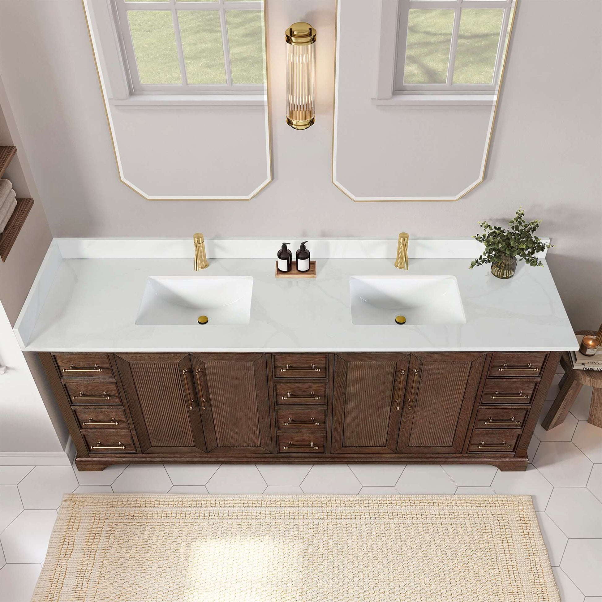 Vinnova, Tokyo 84" Freestanding Double Bath Vanity in Aged Dark Brown Oak with Silk White Quartz Stone Top in a modern bathroom setting