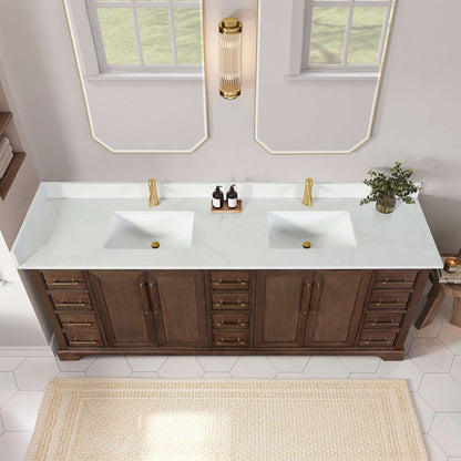 Vinnova, Tokyo 84" Freestanding Double Bath Vanity in Aged Dark Brown Oak with Silk White Quartz Stone Top in a modern bathroom setting