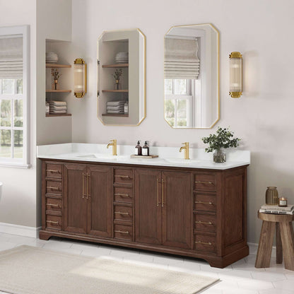 Vinnova, Tokyo 84" Freestanding Double Bath Vanity in Aged Dark Brown Oak with Silk White Quartz Stone Top in elegant bathroom setting
