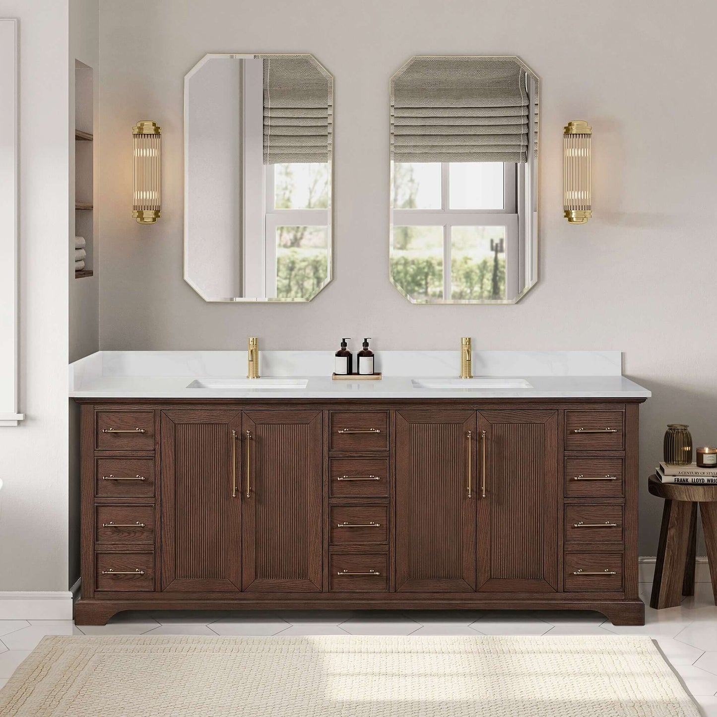 Vinnova, Tokyo 84" Freestanding Double Bath Vanity in Aged Dark Brown Oak with Silk White Quartz Stone Top in bathroom setting